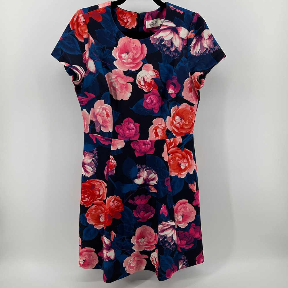 Eliza J Navy Colorful Floral Fit‎ & Flare Dress 10 Party Feminine Wedding Guest